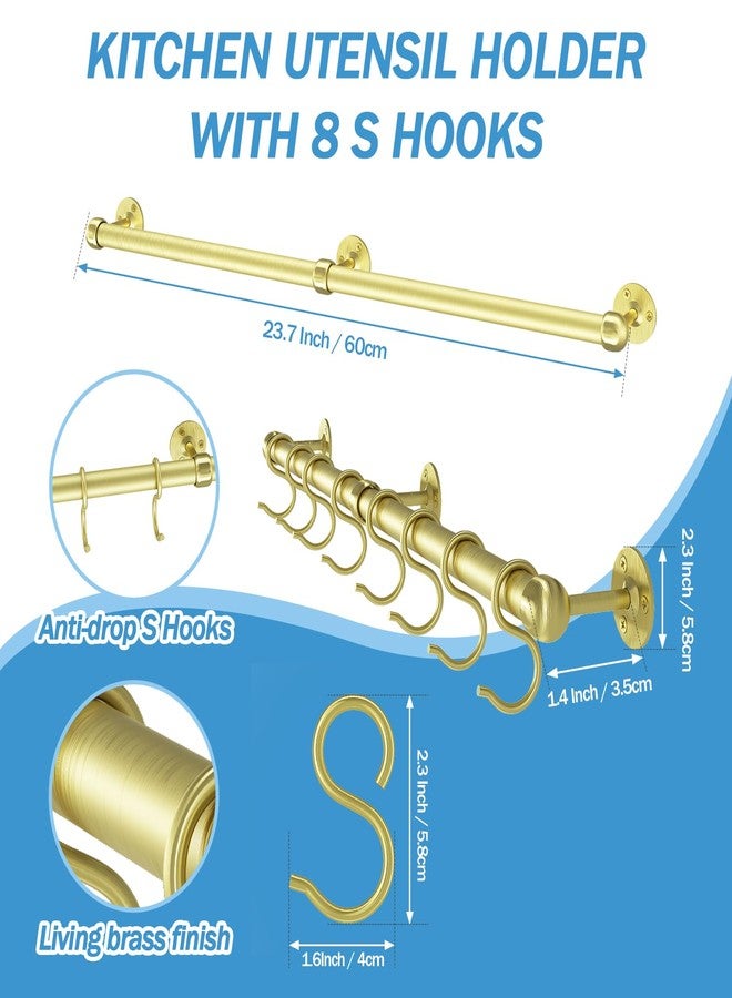 ROTHLEY Stainless Steel Hanging Pot Rack Hanger: 23.7 Inch Brass Pot and Pan Hanger Wall Mounted Hanging Pot Bar Rack Heavy Duty Pot Hangers Kitchen Rail with 8 S Hooks - Image 3